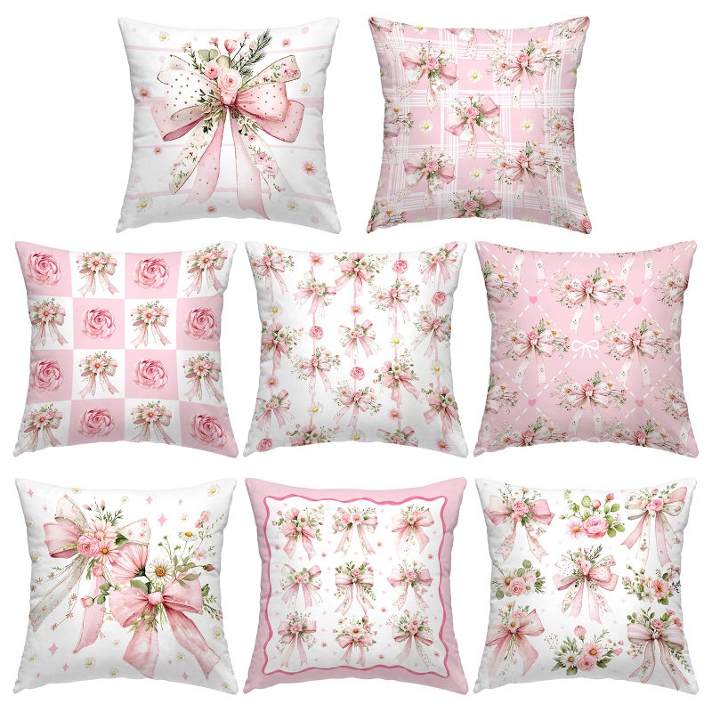 SmoothNovelty 8 Pcs 18x18 Inch Pink Bow Floral Pillow Covers Cute Coquette Room Decor Bow Knot Aesthetic Girly Pillowcase Set Watercolor Aesthetic Preppy Grandmillennial Room Decoration Bedroom Sofa Decor - Image 1