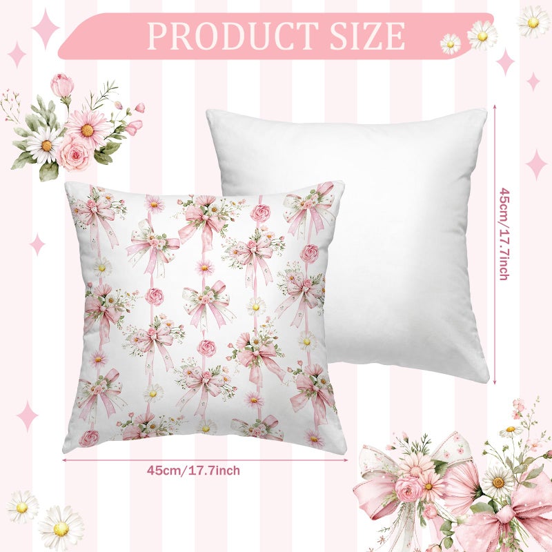 SmoothNovelty 8 Pcs 18x18 Inch Pink Bow Floral Pillow Covers Cute Coquette Room Decor Bow Knot Aesthetic Girly Pillowcase Set Watercolor Aesthetic Preppy Grandmillennial Room Decoration Bedroom Sofa Decor - Image 3