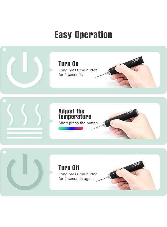 إيروريكس طقم مكواة لحام لاسلكية محمولة قابلة لإعادة الشحن بمنفذ USB ومكواة لحام لاسلكية قابلة للتعديل بثلاث درجات حرارة لمشاريع اللحام الصغيرة وإصلاح الإلكترونيات الداخلية والخارجية - Image 3