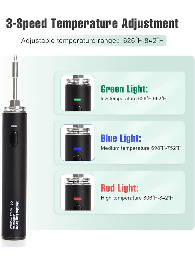 إيروريكس طقم مكواة لحام لاسلكية محمولة قابلة لإعادة الشحن بمنفذ USB ومكواة لحام لاسلكية قابلة للتعديل بثلاث درجات حرارة لمشاريع اللحام الصغيرة وإصلاح الإلكترونيات الداخلية والخارجية - Image 2