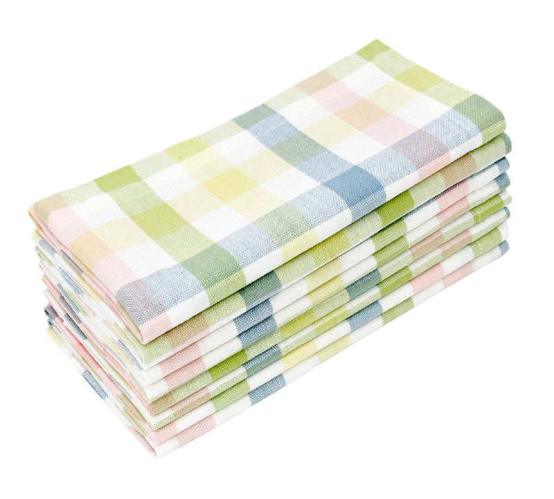 COTTON CRAFT Gingham Buffalo Plaid Check Napkins - Spring Easter Bunny Pastel Luncheon Dinner - Set of 8 - Pure Cotton - Reusable Washable - 17 x 17 inches - Yellow Multi Pastel - Image 1