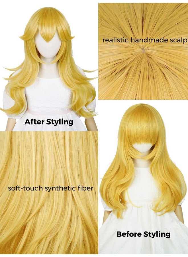 Half and Half باروكة أميرة طويلة للشعر الأشقر المجعد للأطفال مع غرة + رباط رأس بتاج + مشابك أذن + بروش + غطاء باروكة 22'' باروكات موجة ذهبية للفتيات الأطفال في حفلات الهالوين - Image 5