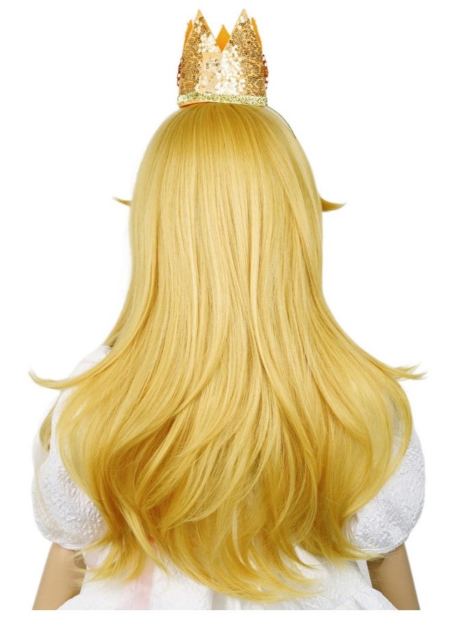 Half and Half باروكة أميرة طويلة للشعر الأشقر المجعد للأطفال مع غرة + رباط رأس بتاج + مشابك أذن + بروش + غطاء باروكة 22'' باروكات موجة ذهبية للفتيات الأطفال في حفلات الهالوين - Image 3