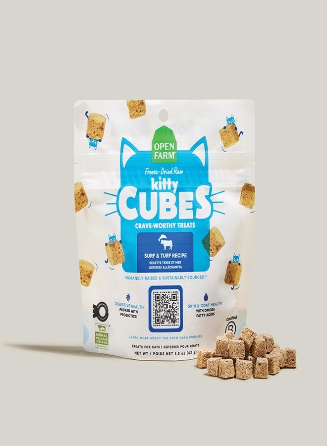 Open Farm أوبن فارم، كيتي كيوبز، مكافآت قطط مجففة بالتجميد، خالية من الحبوب، غنية بالبروتين مع البروبيوتيك، وأحماض أوميغا الدهنية، والأطعمة الخارقة، بنكهة سيرف آند تيرف، عبوة 1.5 أونصة - Image 4
