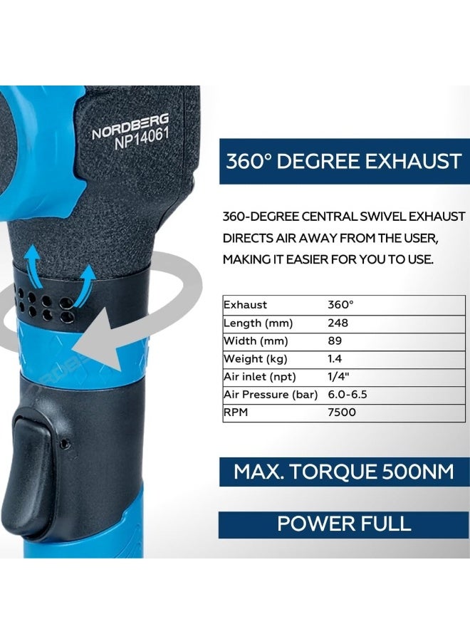 NORDBERG - Angle Air Impact Wrench 1/2 Inch  Np14061, Max Torque 500 Nm, Air Impact Gun Industrial Repair  Assembly Tool, Pistol Handle, Single Hammer, 7500 Rpm - Image 1