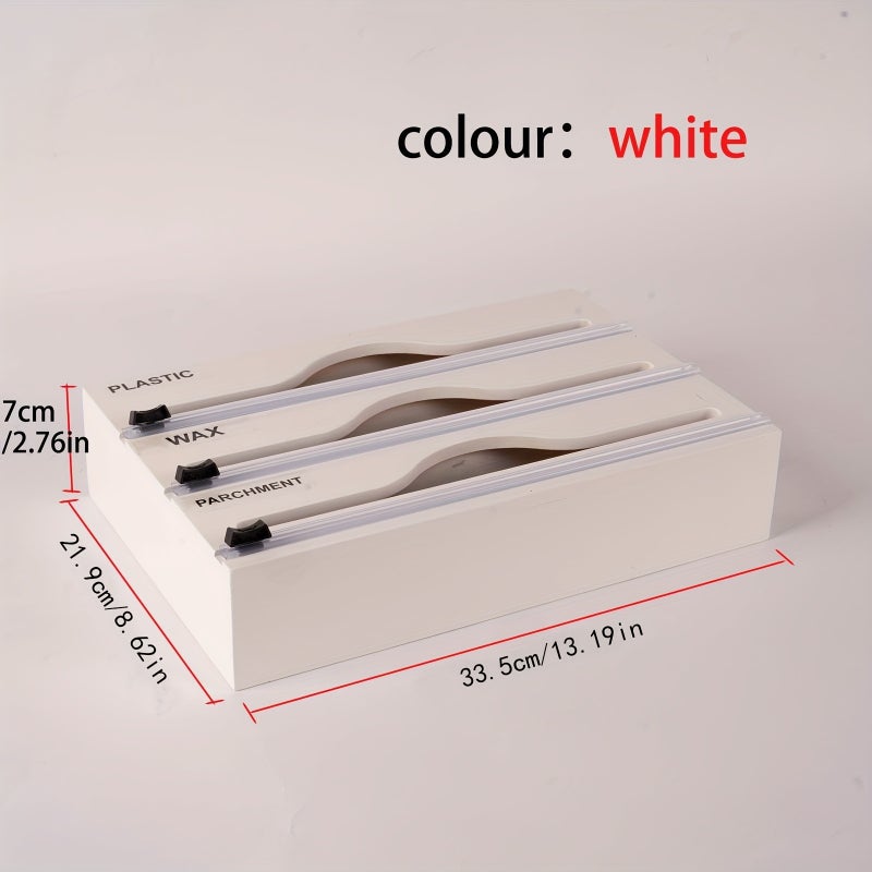 1pc bamboo cling film three grid cutter, kitchen countertop wall mounted multifunctional storage box, for roll foil, cling film, plastic packaging, foil organizer, aluminum foil wax, parchment paper, wax paper, natural colors, black, white, brown, Storage Bins for Home Organization - Image 1