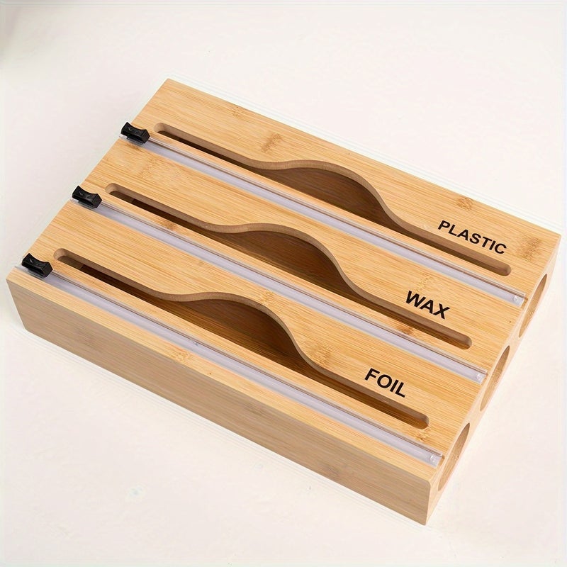 1pc bamboo cling film three grid cutter, kitchen countertop wall mounted multifunctional storage box, for roll foil, cling film, plastic packaging, foil organizer, aluminum foil wax, parchment paper, wax paper, natural colors, black, white, brown, Storage Bins for Home Organization - Image 4