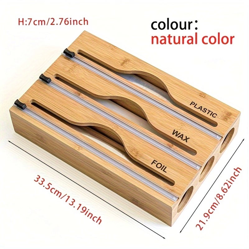 1pc bamboo cling film three grid cutter, kitchen countertop wall mounted multifunctional storage box, for roll foil, cling film, plastic packaging, foil organizer, aluminum foil wax, parchment paper, wax paper, natural colors, black, white, brown, Storage Bins for Home Organization - Image 2