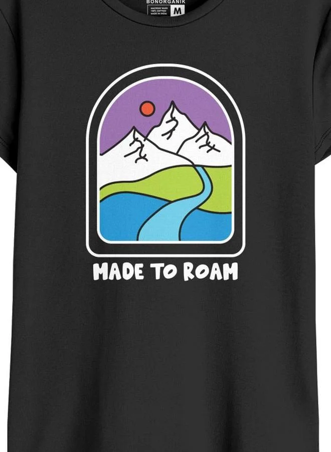 Bonorganik Women's Black 100% Cotton Printed Regular Fit T-Shirt