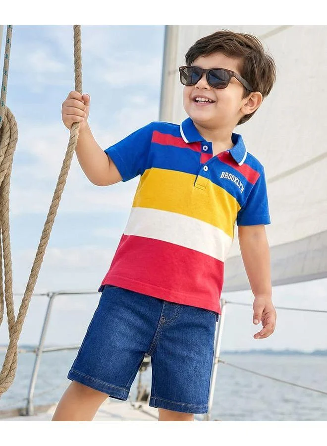Babyhug Babyhug Single Jersey Knitted Polo T-Shirt & Denim Shorts Set with Brooklyn Print & Color Block - Multicolor