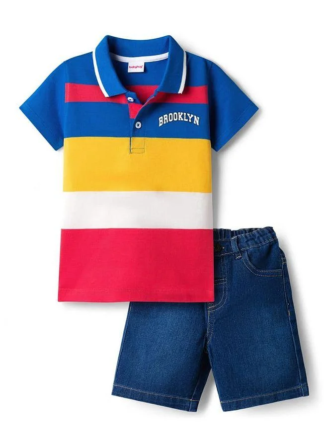 Babyhug Babyhug Single Jersey Knitted Polo T-Shirt & Denim Shorts Set with Brooklyn Print & Color Block - Multicolor