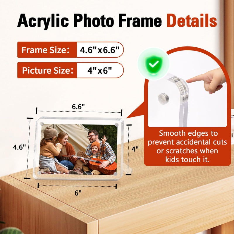 FIXSMITH 2 Pack 4x6 Acrylic Picture Frames, Clear Magnetic Frames with Stand, UV Resistant, Horizontal/Vertical Display, Perfect for Home Office - Image 2