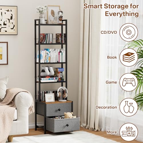 Epouseter CD Storage Rack with Drawer 5Tier DVD Organizer Shelf wAdjustable Book Stoppers Media Storage Rack for CDDVD Books Games Ideal for Living Room Home Office 157x118x565Inches - Image 3
