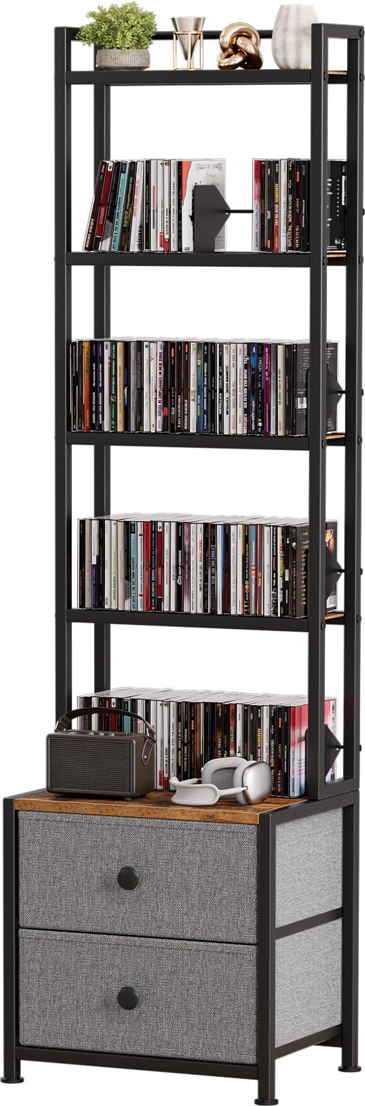 Epouseter CD Storage Rack with Drawer 5Tier DVD Organizer Shelf wAdjustable Book Stoppers Media Storage Rack for CDDVD Books Games Ideal for Living Room Home Office 157x118x565Inches - Image 2