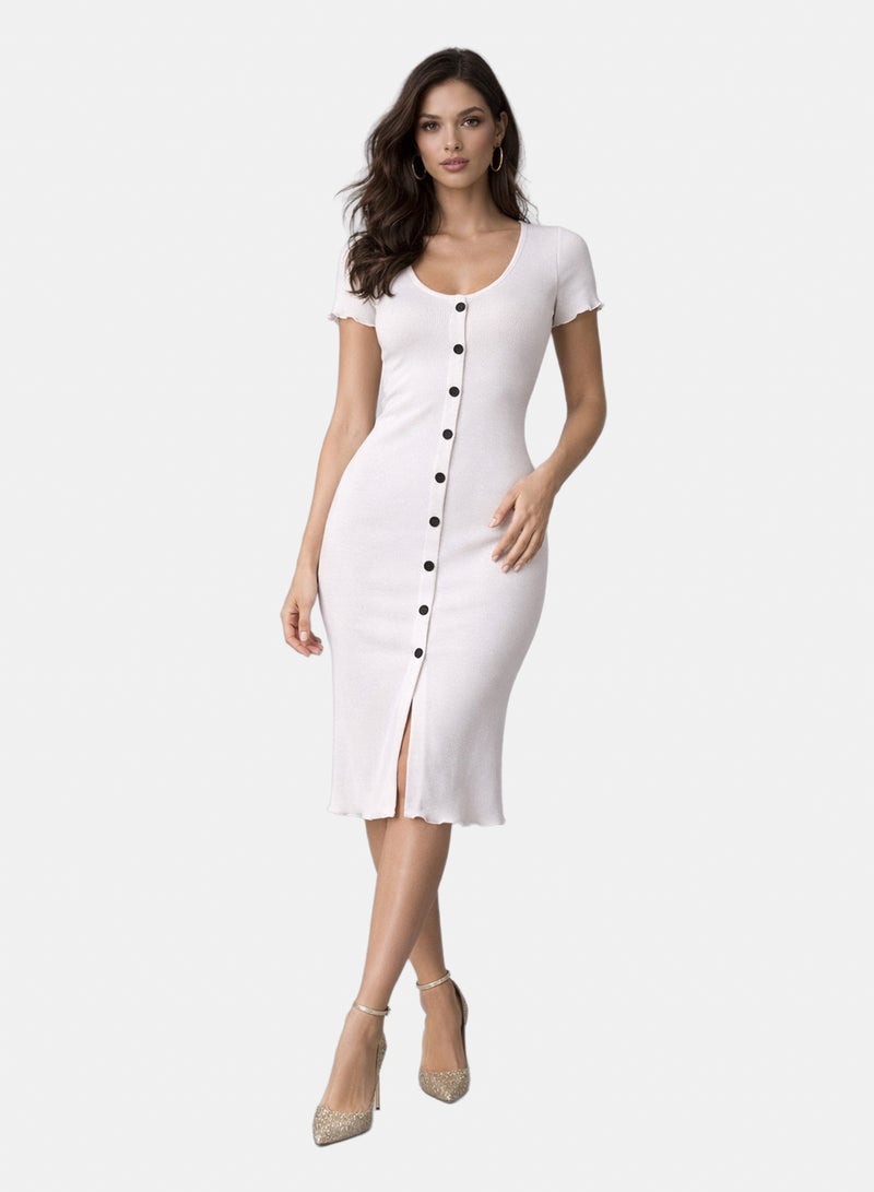 فستان حريمي ميدي مضلع بأزرار أمامية – قصة Slim Fit أنيقة
