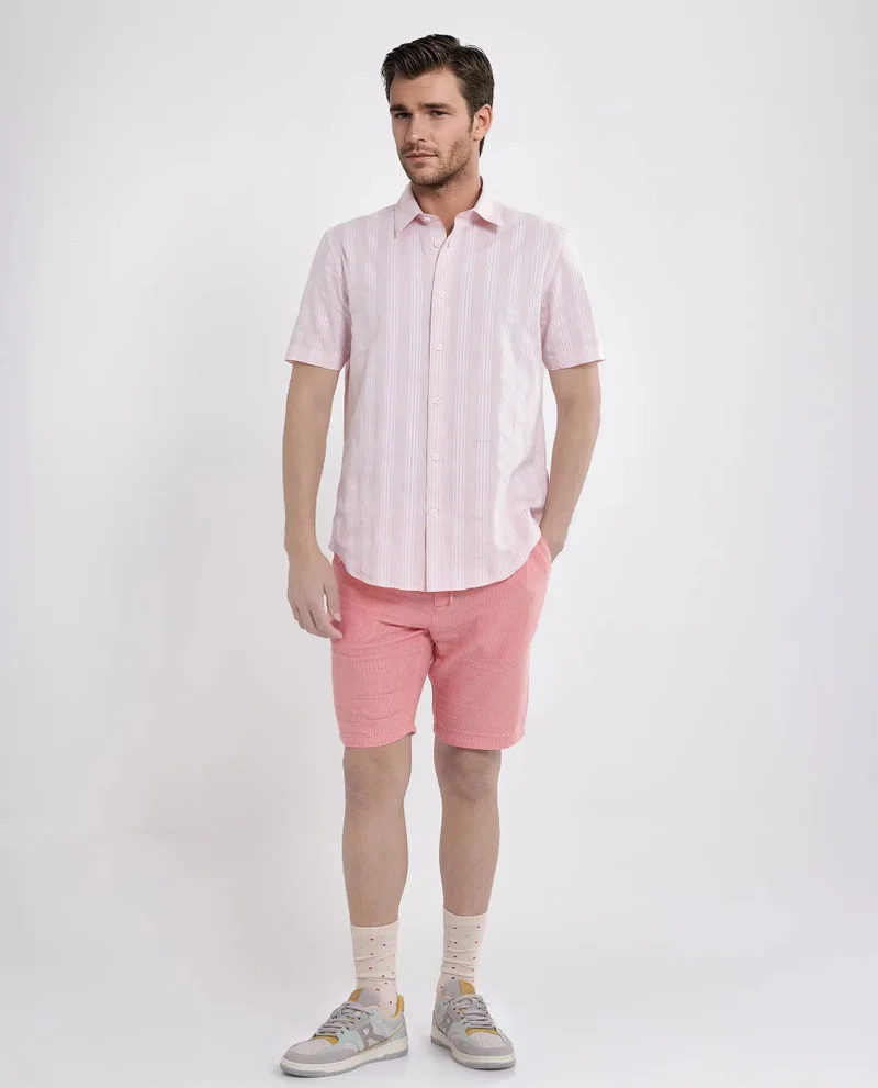 Rare Rabbit Rare Rabbit Men's Zark Pastel Peach Cotton Fabric Short Sleeve Collared Neck Button Closure Printed Shirt