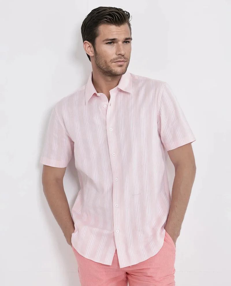 Rare Rabbit Rare Rabbit Men's Zark Pastel Peach Cotton Fabric Short Sleeve Collared Neck Button Closure Printed Shirt