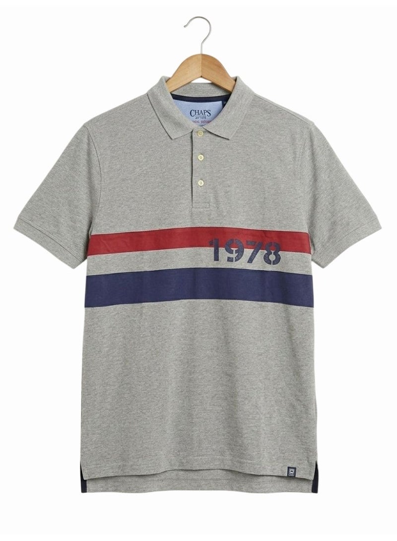Chaps Men's 100% Cotton Short Sleeve Polo Shirt, Grey with Stripes - Image 1