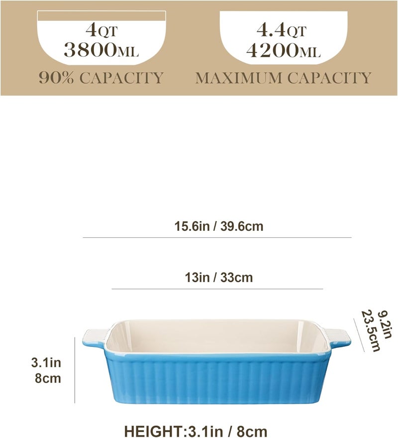MALACASA 44 QT Baking Dish 9x13 Large Casserole Dish for Oven Ceramic Baking Pan Rectangular Lasagna Pan Deep with Handles for Baking Durable Microwave Oven Safe Blue Series BAKEBAKE - Image 2