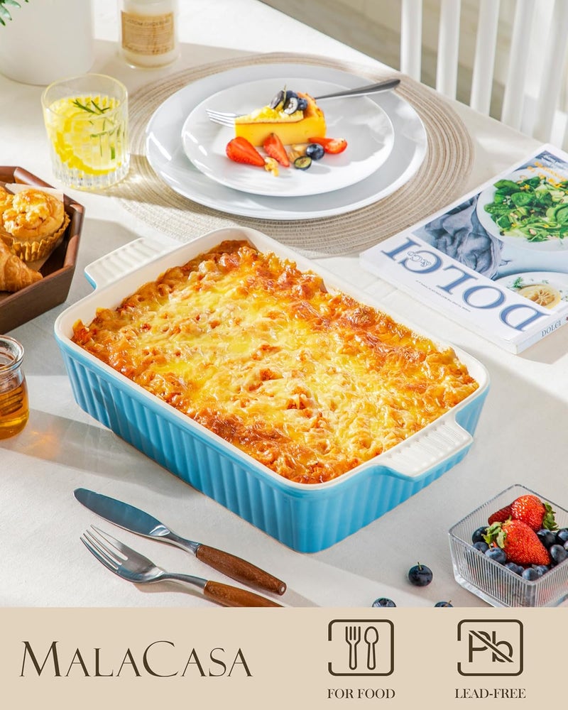 MALACASA 44 QT Baking Dish 9x13 Large Casserole Dish for Oven Ceramic Baking Pan Rectangular Lasagna Pan Deep with Handles for Baking Durable Microwave Oven Safe Blue Series BAKEBAKE - Image 3