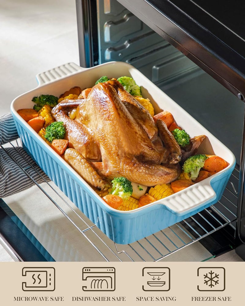 MALACASA 44 QT Baking Dish 9x13 Large Casserole Dish for Oven Ceramic Baking Pan Rectangular Lasagna Pan Deep with Handles for Baking Durable Microwave Oven Safe Blue Series BAKEBAKE - Image 4