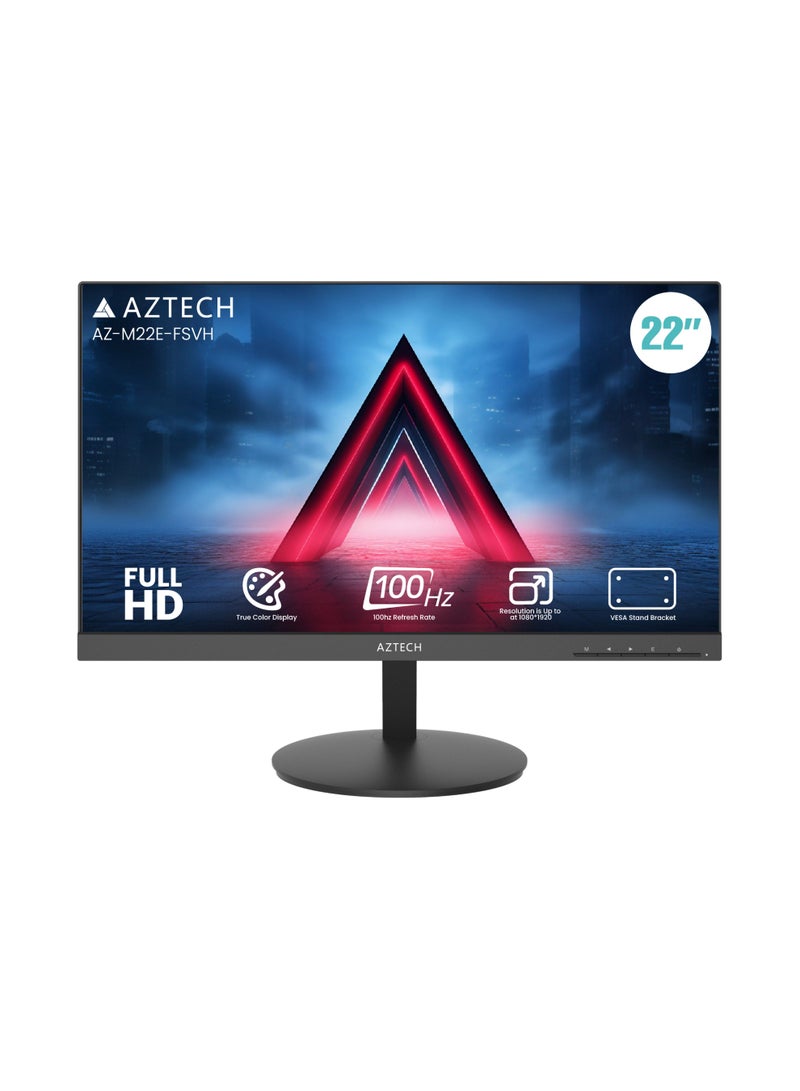Aztech شاشة AZTECH LED بحجم 22 بوصة بدقة Full HD 1920x1080 لوحة VA معدل تحديث 100Hz HDMI VGA زاوية عرض واسعة 178 درجة مكبرات صوت مزدوجة مدمجة دعم تركيب VESA استهلاك منخفض للطاقة تشغيل مستمر 24/7 مكتب منزل أعمال CCTV أمان شاشة كمبيوتر AZ-M22E-FSVH - Image 2