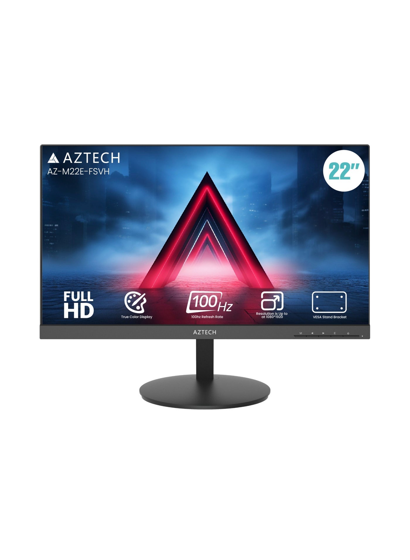 AZTECH 22 Inch Full HD LED Monitor 1920x1080 Resolution VA Panel 100Hz Refresh Rate HDMI VGA Display Wide Viewing Angle 178 Degree Built-in Dual Speakers VESA Wall Mount Low Power Consumption 24/7 Continuous Operation Office Home Business CCTV Security PC Computer Screen AZ-M22E-FSVH