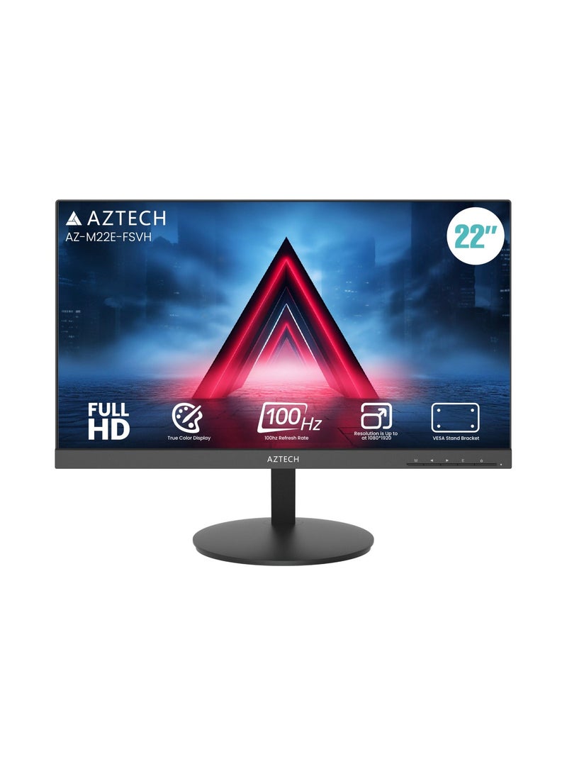Aztech شاشة AZTECH LED بحجم 22 بوصة بدقة Full HD 1920x1080 لوحة VA معدل تحديث 100Hz HDMI VGA زاوية عرض واسعة 178 درجة مكبرات صوت مزدوجة مدمجة دعم تركيب VESA استهلاك منخفض للطاقة تشغيل مستمر 24/7 مكتب منزل أعمال CCTV أمان شاشة كمبيوتر AZ-M22E-FSVH - Image 1