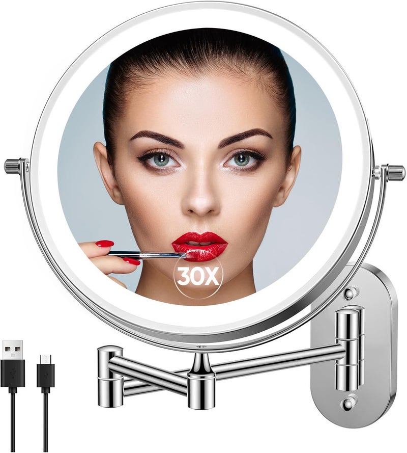 FUNTOUCH Rechargeable Wall Mounted Lighted Makeup Vanity Mirror 8 Inch Double Sided 1X 10X Magnifying Bathroom Mirror, 3 Color Lighting, Touch Screen Dimming, Extended Arm 360 Rotation Shaving Light up Mirror - Image 1