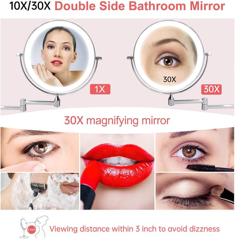 FUNTOUCH Rechargeable Wall Mounted Lighted Makeup Vanity Mirror 8 Inch Double Sided 1X 10X Magnifying Bathroom Mirror, 3 Color Lighting, Touch Screen Dimming, Extended Arm 360 Rotation Shaving Light up Mirror - Image 5
