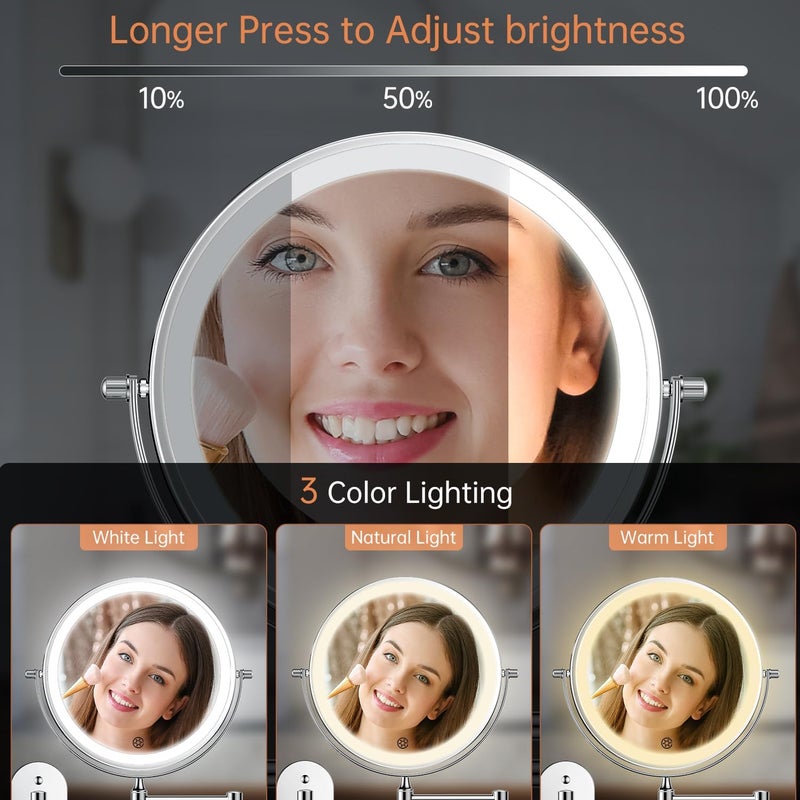 FUNTOUCH Rechargeable Wall Mounted Lighted Makeup Vanity Mirror 8 Inch Double Sided 1X 10X Magnifying Bathroom Mirror, 3 Color Lighting, Touch Screen Dimming, Extended Arm 360 Rotation Shaving Light up Mirror - Image 3