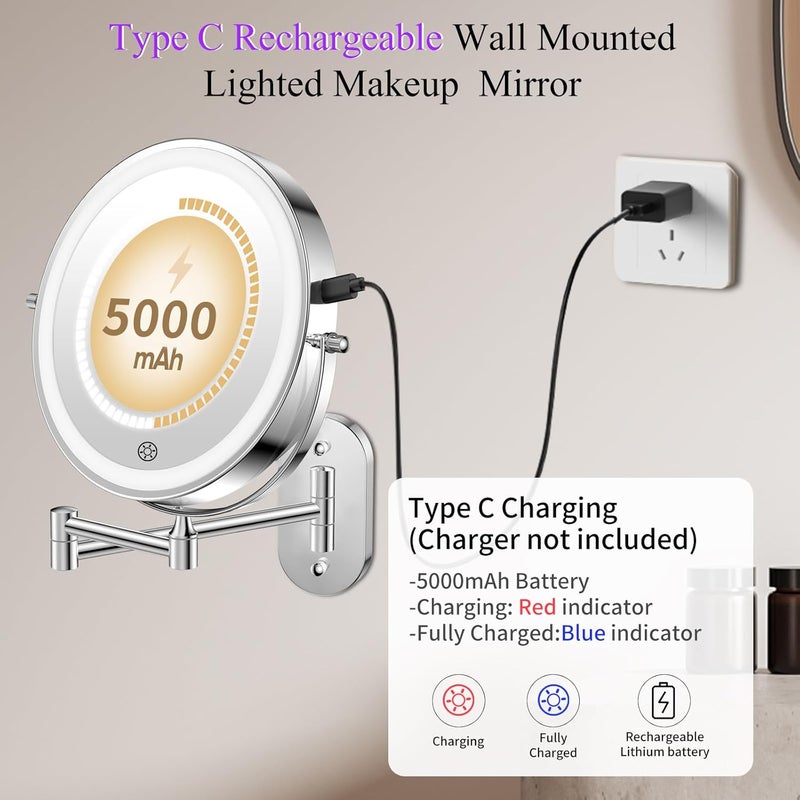 FUNTOUCH Rechargeable Wall Mounted Lighted Makeup Vanity Mirror 8 Inch Double Sided 1X 10X Magnifying Bathroom Mirror, 3 Color Lighting, Touch Screen Dimming, Extended Arm 360 Rotation Shaving Light up Mirror - Image 2
