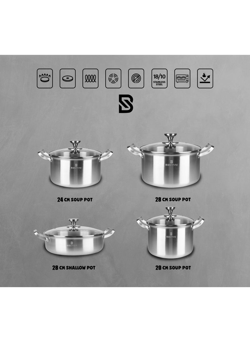 Bidstone 8-Pieces Cookware Set Pure 18/10 Stainless Steel Set-Induction Base Pots & Shallow Pot, NON-TOXIC,100% PFOA, PTFE & PFOS FREE, Oven Safe, Kitchen Cookware Set, Includes Casserole 20 Cm with Lid/24 Cm with Lid/28 Cm with Lid and Shallow Pot 28 Cm with Lid - Image 3
