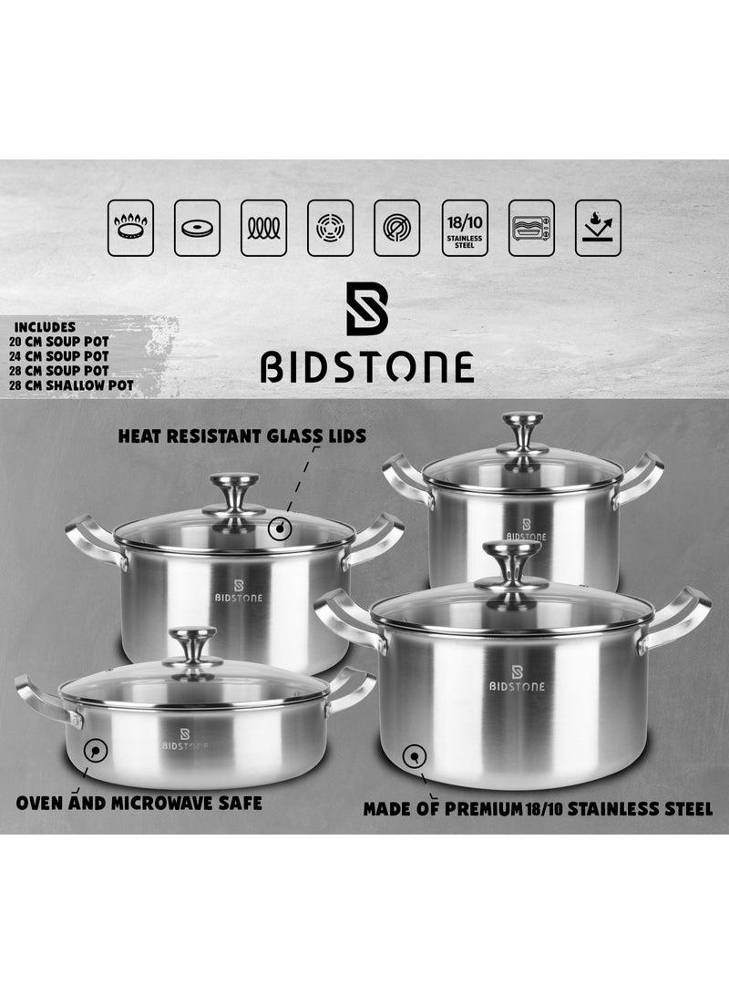 Bidstone 8-Pieces Cookware Set Pure 18/10 Stainless Steel Set-Induction Base Pots & Shallow Pot, NON-TOXIC,100% PFOA, PTFE & PFOS FREE, Oven Safe, Kitchen Cookware Set, Includes Casserole 20 Cm with Lid/24 Cm with Lid/28 Cm with Lid and Shallow Pot 28 Cm with Lid - Image 2