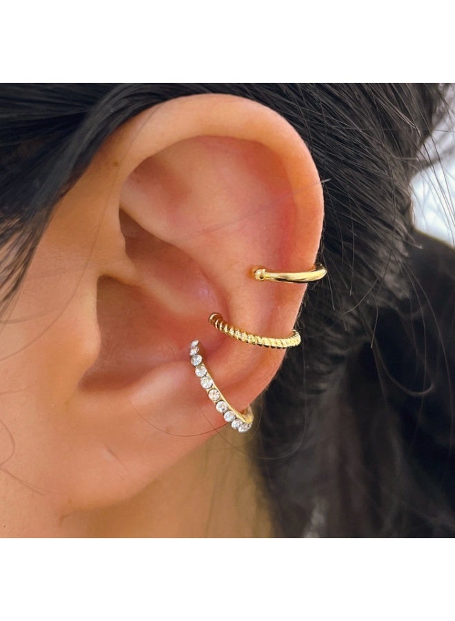 Vynara Non Pierced Ear Cuffs Set for Women, Rhinestone Cartilage Clips, Gold + Silver Combo - Image 1