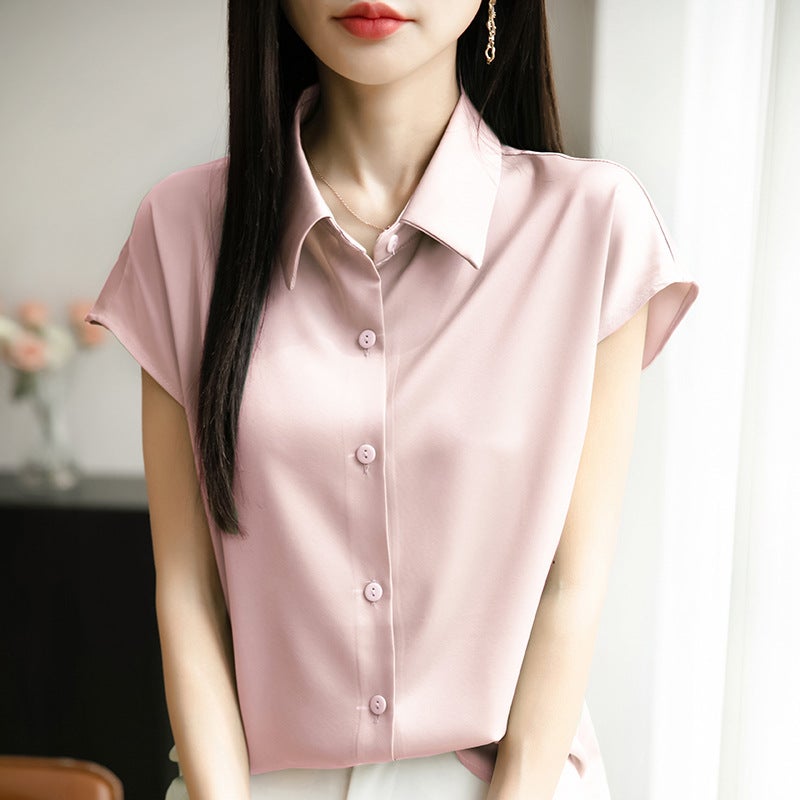 Silk Satin 25 Spring And Women'S Polo Collar Short Fashion T-Shirt Thin Base Shirt Age-Reducing Short Sleeve - Image 1
