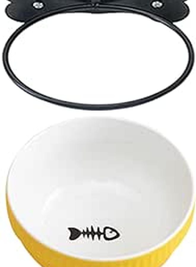 Ergonomic Tilted Hanging Ceramic Pet Bowl Set with Iron Stand Yellow Fishbone Design - Image 1