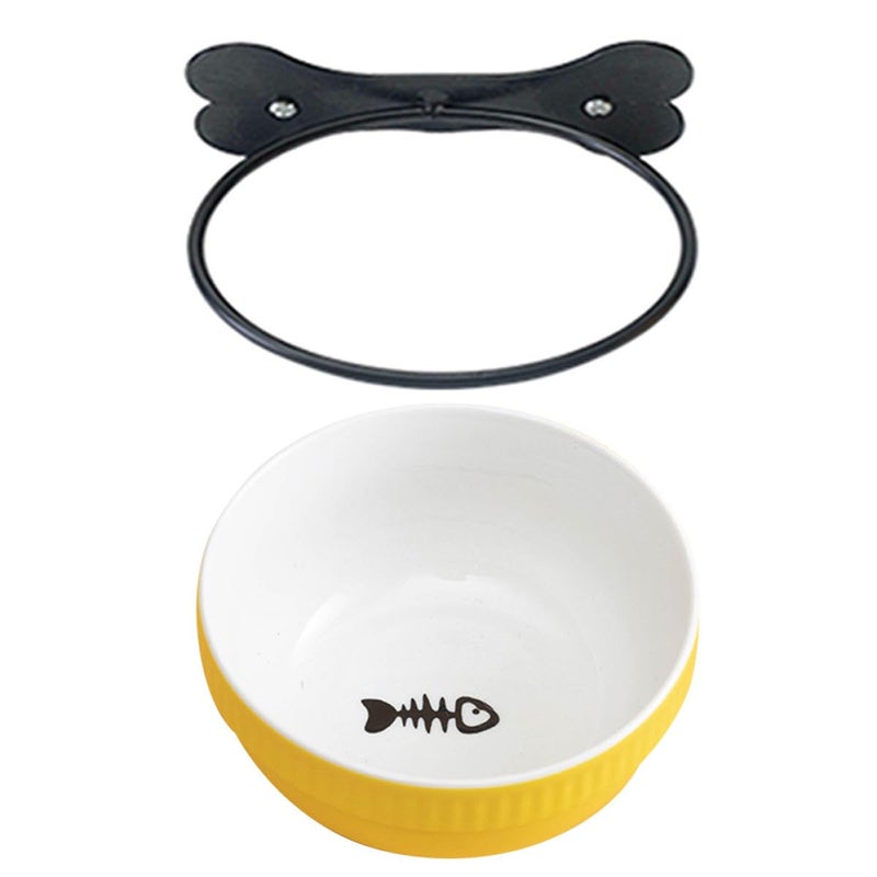 Ergonomic Tilted Hanging Ceramic Pet Bowl Set with Iron Stand Yellow Fishbone Design - Image 2