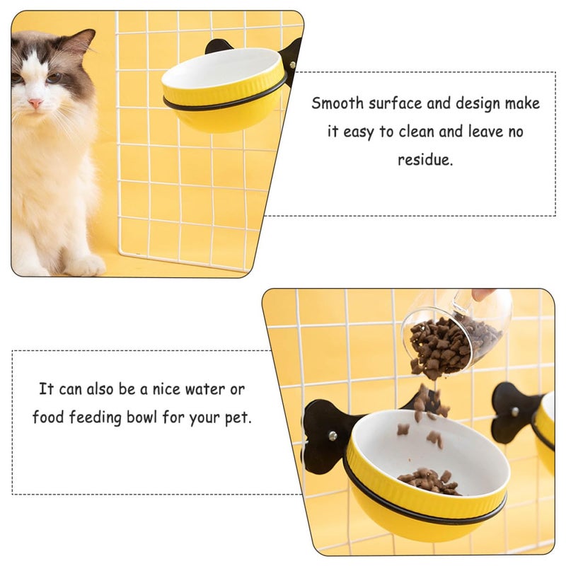 Ergonomic Tilted Hanging Ceramic Pet Bowl Set with Iron Stand Yellow Fishbone Design - Image 4