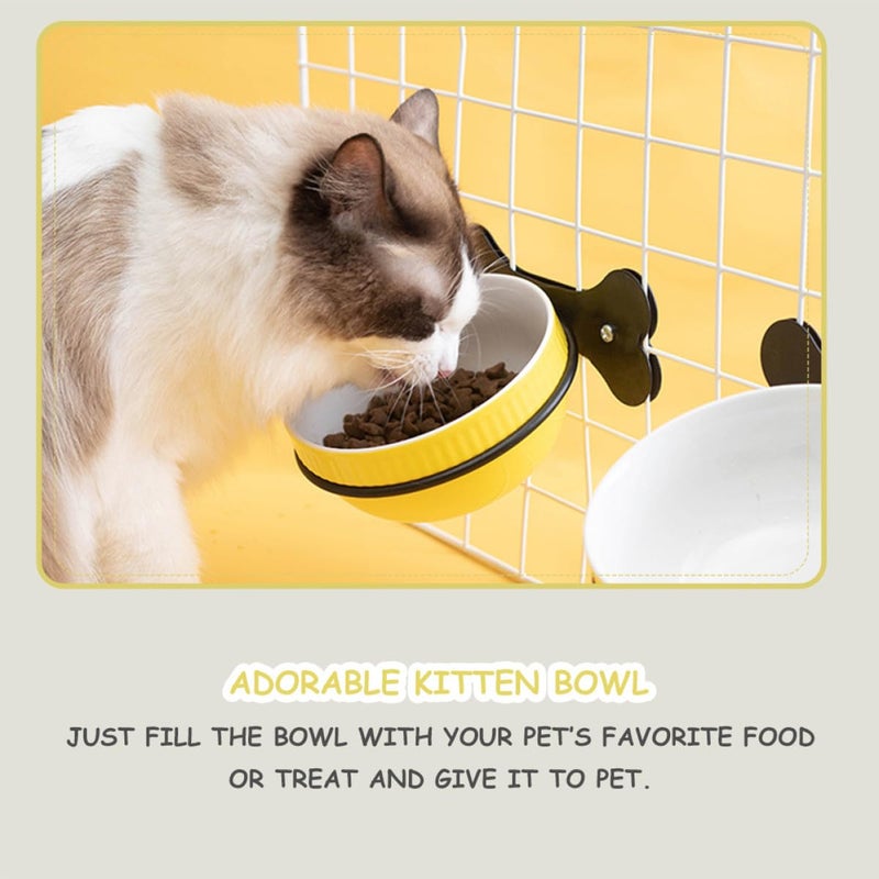 Ergonomic Tilted Hanging Ceramic Pet Bowl Set with Iron Stand Yellow Fishbone Design - Image 5