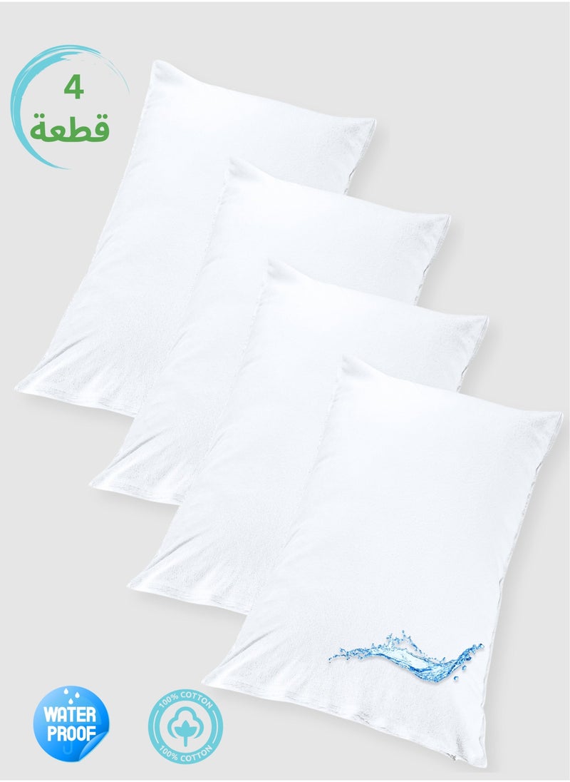Soufa Dibaj 4 Piece | Cotton Waterproof Pillow Protector 100% Soft Cotton Queen Size Pillows Case Cover 90x50 cm - White - Image 1