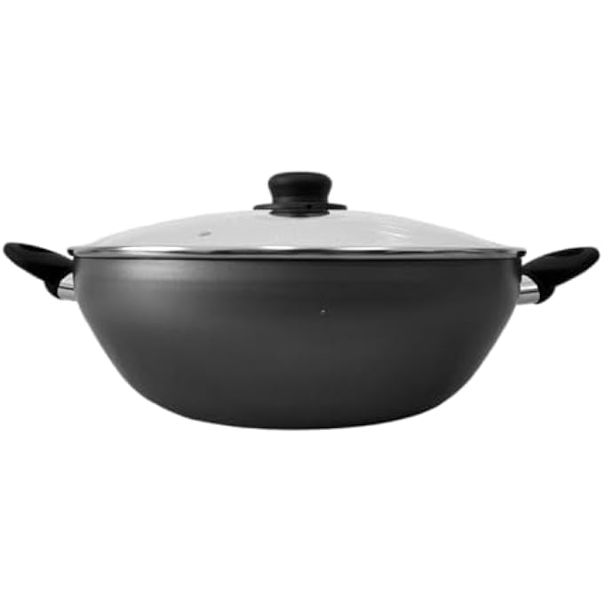Aluminium 32Cm125 Inches Wok With Glass Lid Dual Handles NonStick Dishwasher Safe Asian And Indian Cuisine Karahi Pan Gas Electric Halogen Radiant Hob Safe Uk Manufactured - Image 2