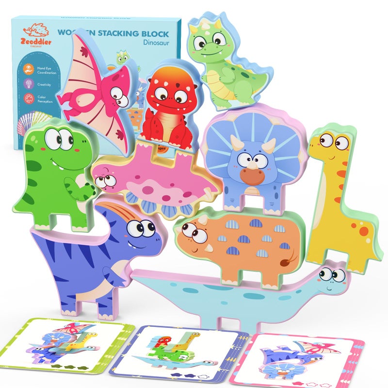 Zeoddler Montessori Toys for Toddlers 10 Pack Wooden Dinosaur Stacking Blocks Sorting Stacking Preschool Learning Activities Gift for Boys Girls - Image 3