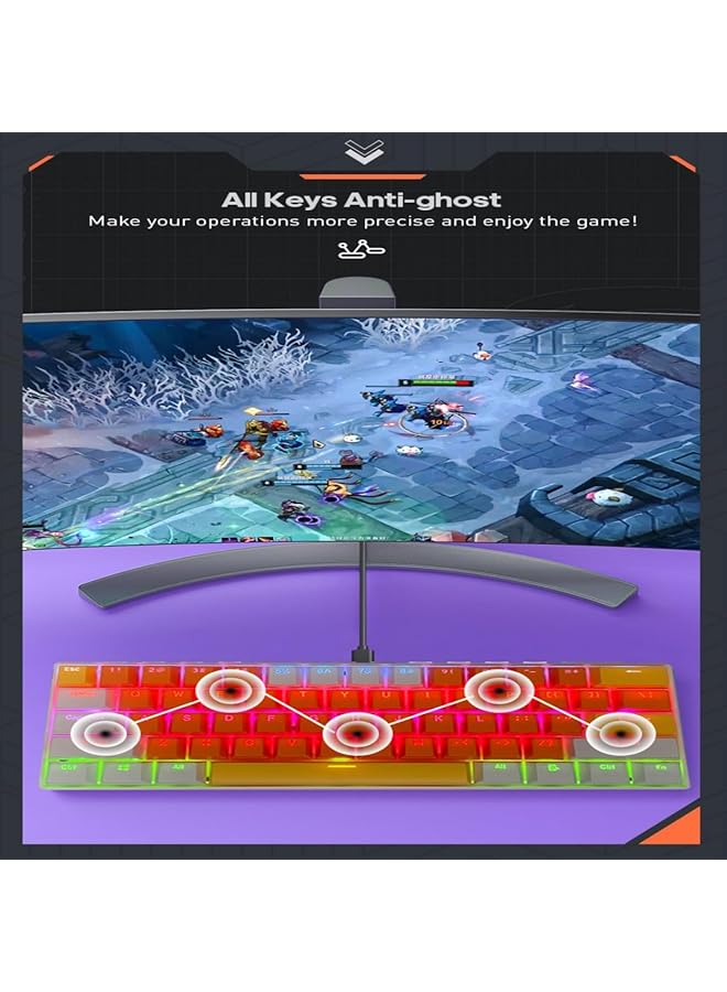 61 Keys Rgb Gaming Keyboard 60% Mini Wired Waterproof With Anti Ghosting Keyboard And Three Color Keycaps With Red Switch For Gamers(Orange White And Yellow) - Image 3