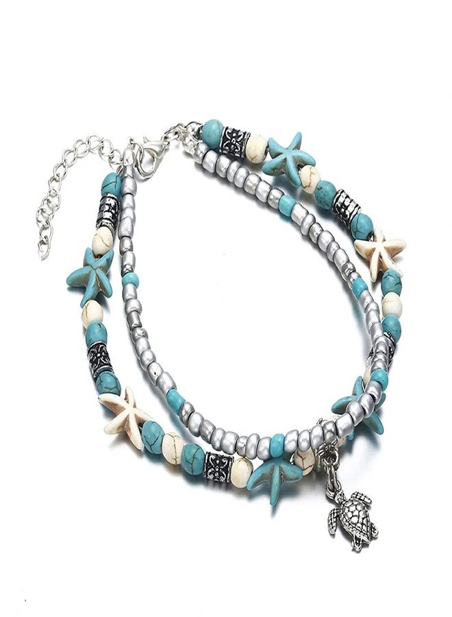 Softones Blue Starfish Turtle Anklet Multilayer Charm Beads Sea Handmade Boho Anklet Foot Jewelry for Women - Image 1