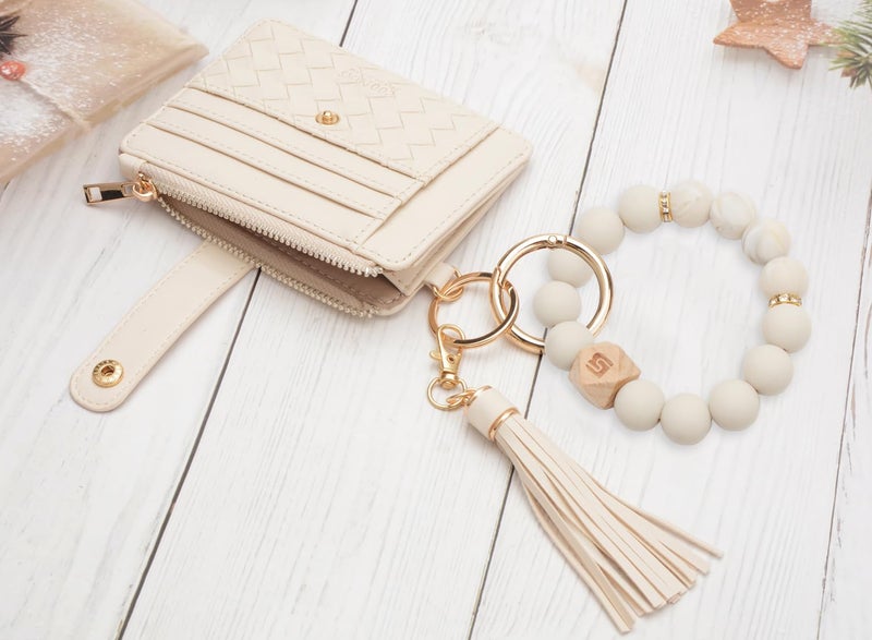COOLANS Wristlet Bracelet Keychain Pocket Credit Card Holder Purse Tassel Keychain Bangle Key Ring for Women (Silicone Bead Bracelet+Card Purse (Creamy white)) - Image 4