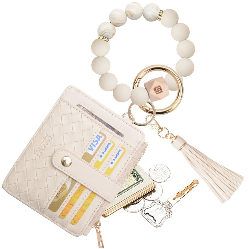 COOLANS Wristlet Bracelet Keychain Pocket Credit Card Holder Purse Tassel Keychain Bangle Key Ring for Women (Silicone Bead Bracelet+Card Purse (Creamy white)) - Image 1