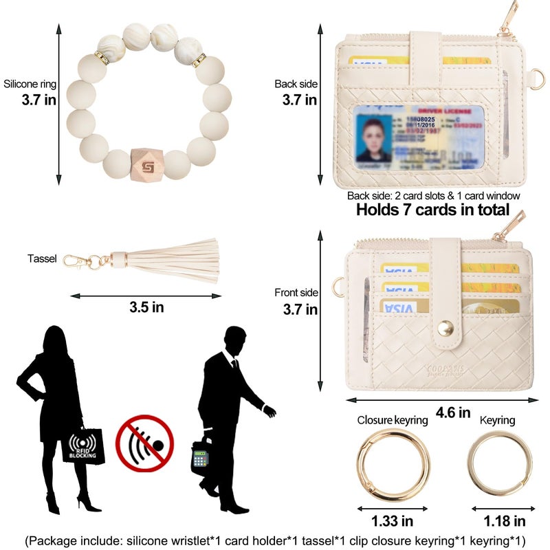 COOLANS Wristlet Bracelet Keychain Pocket Credit Card Holder Purse Tassel Keychain Bangle Key Ring for Women (Silicone Bead Bracelet+Card Purse (Creamy white)) - Image 2