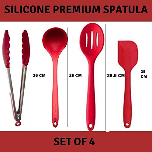 Femora Premium Virgin Silicone Kitchen Tools Combo- Slotted Spoon, Big Spatula, Food Tong, Laddle with Grip Handle, Red, Set of 4 - Image 3