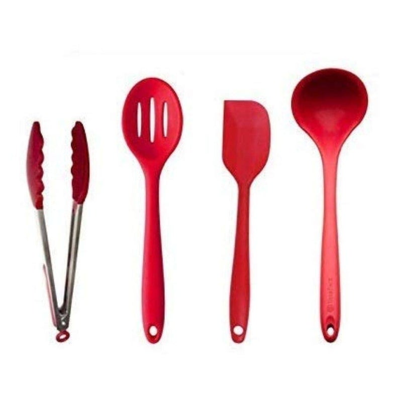 Femora Premium Virgin Silicone Kitchen Tools Combo- Slotted Spoon, Big Spatula, Food Tong, Laddle with Grip Handle, Red, Set of 4 - Image 2